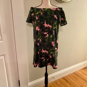 Tropical palm, pink and green dress